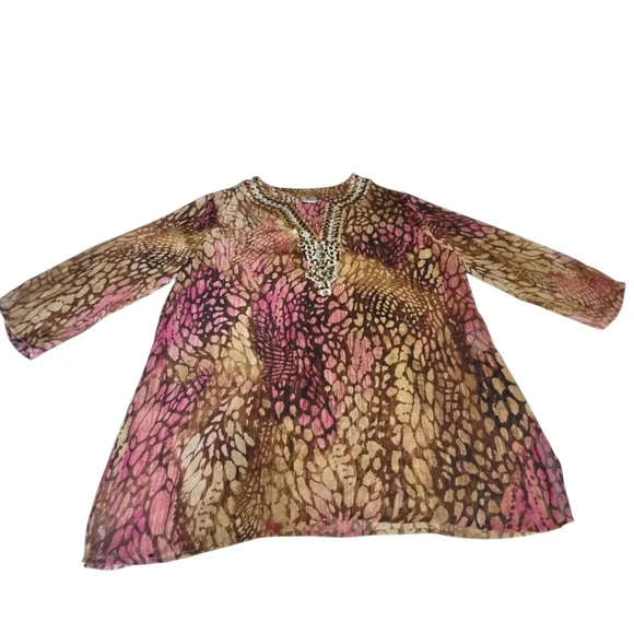 Chico's Women's Multicolor Abstract Embellished Tunic V-Neck 3/4 Sleeve Size 1 - Picture 6 of 9